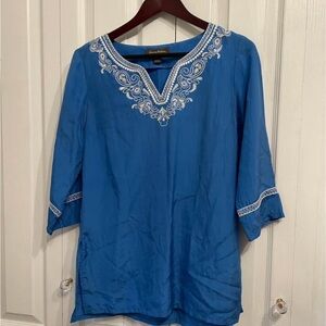 Tommy Bahama Blue 100% Silk Tunic with White Embroidery